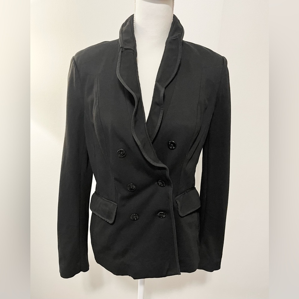 White House Black Market Black Ponte Knit Blazer Jacket with Ruffle Lapel. Sz 8